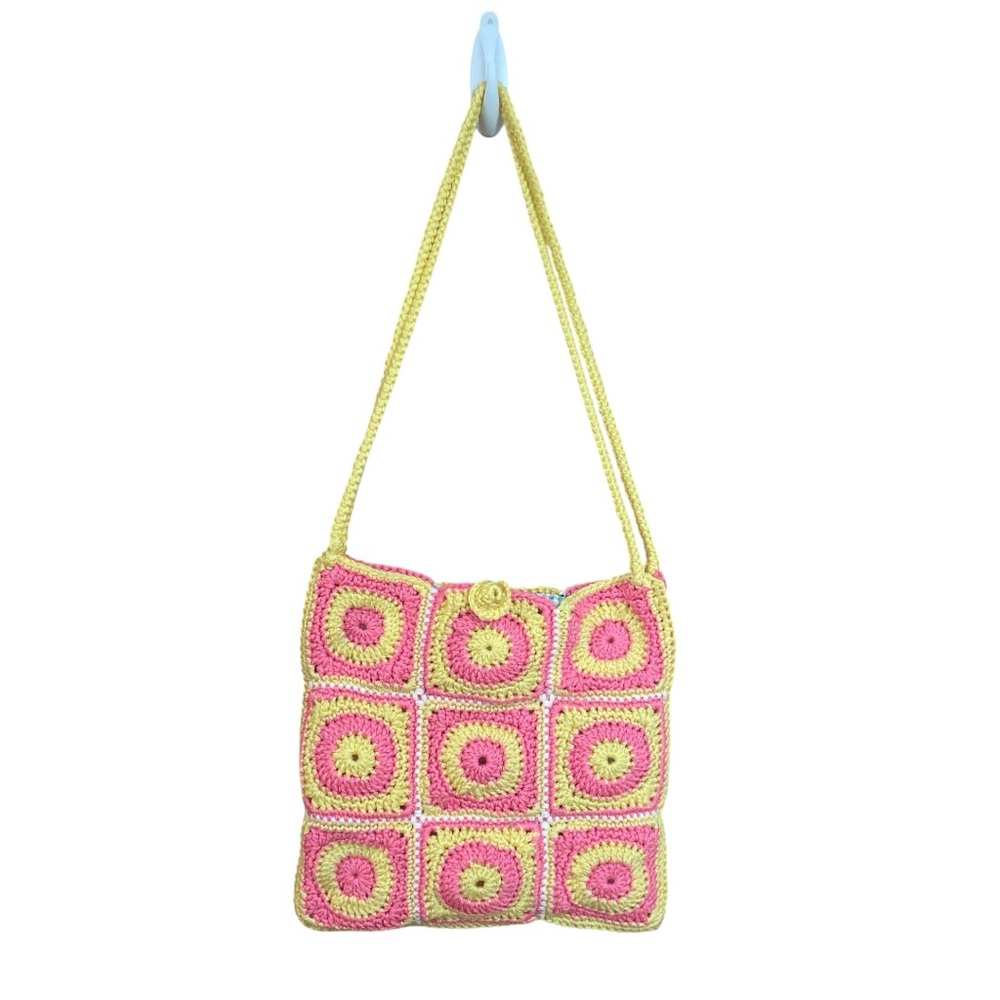 Handmade Crochet Shoulder Bag Pink & Yellow Boho Tote with Citrus Liner Festival